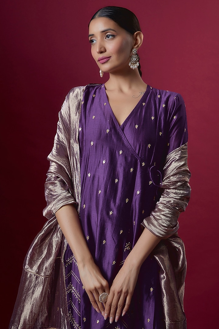 Purple Chanderi Embroidered Angrakha Kurta Set by Deep thee at Pernia's Pop Up Shop