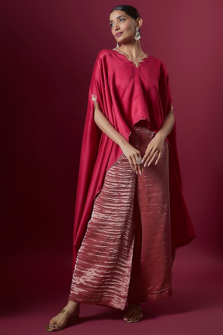 Red Chanderi & Tissue Embroidered Cape Set by Deep thee