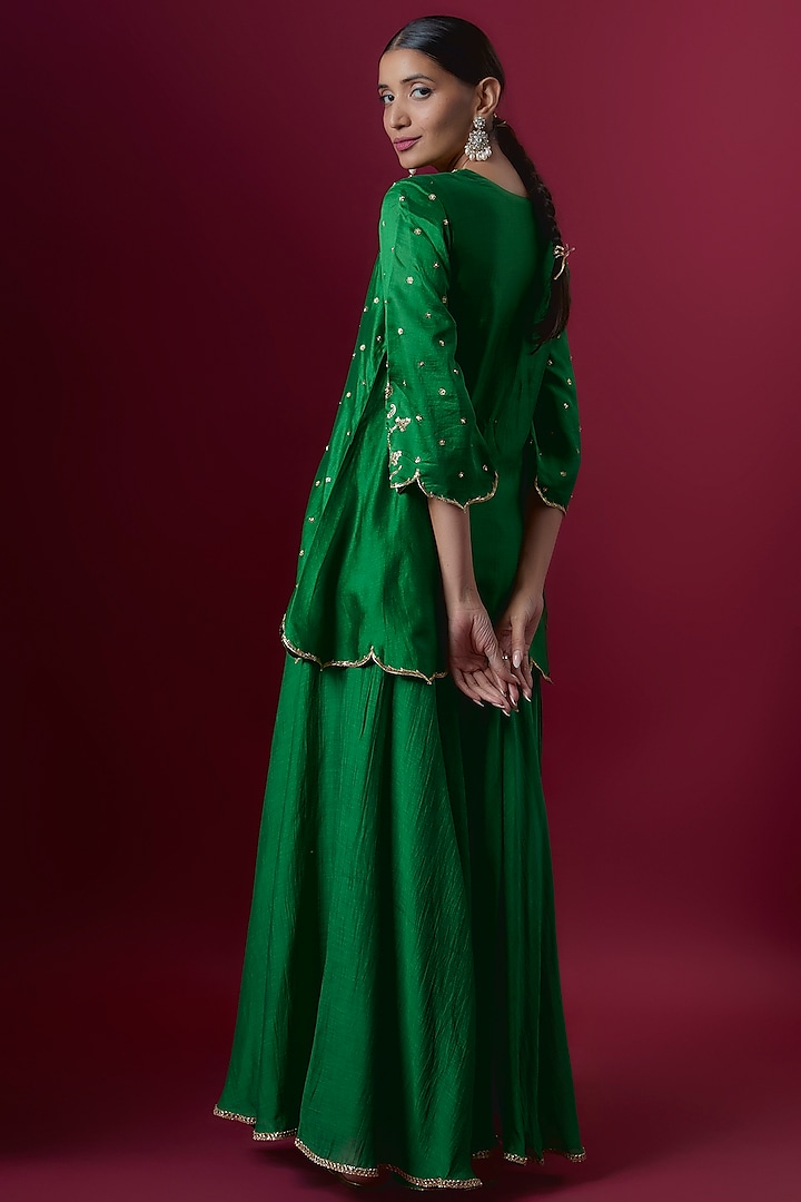 Green Chanderi Wedding Sharara Set by Deep thee at Pernia's Pop Up Shop