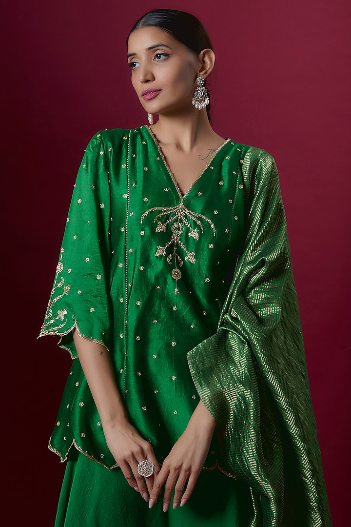 Green Chanderi Wedding Sharara Set by Deep thee at Pernia's Pop Up Shop