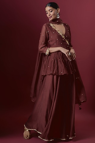 Wine Chanderi Sharara Set by Deep thee