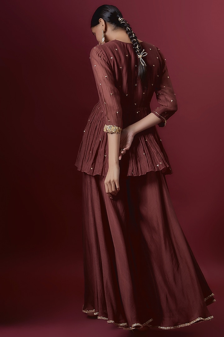 Wine Chanderi Wedding Sharara Set by Deep thee at Pernia's Pop Up Shop