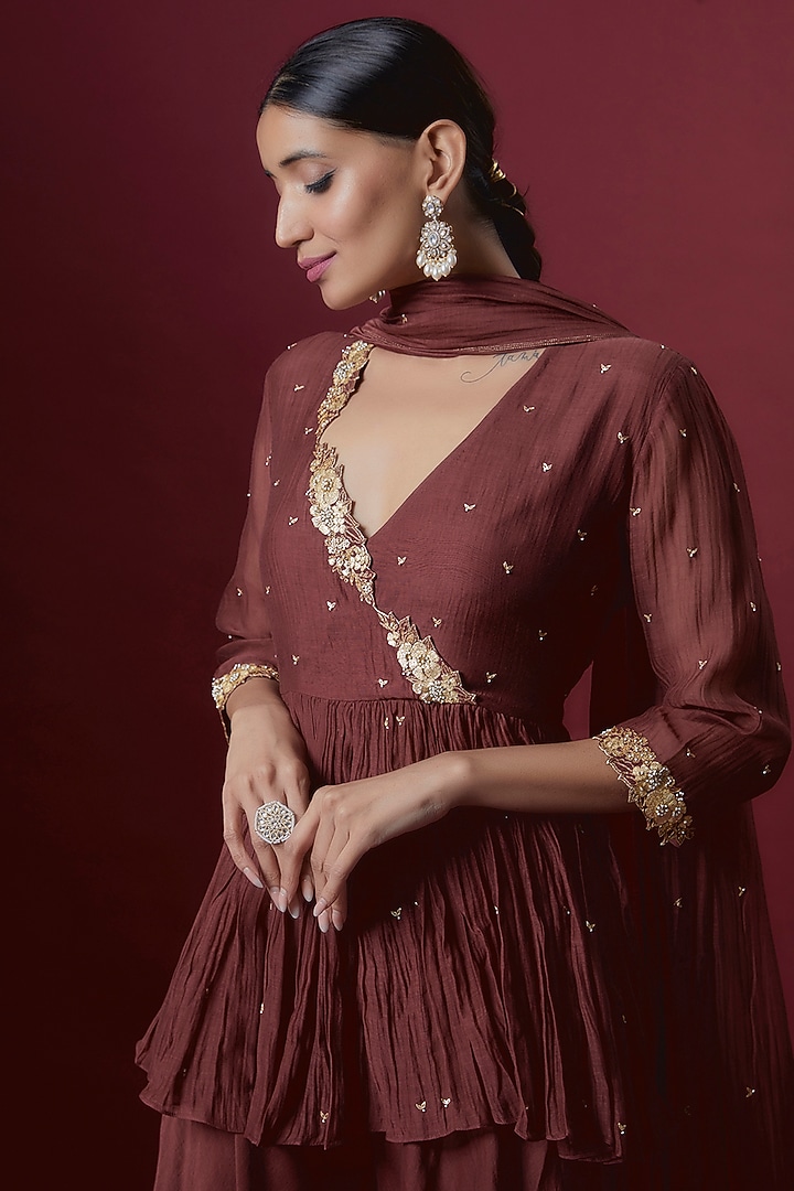 Wine Chanderi Wedding Sharara Set by Deep thee at Pernia's Pop Up Shop