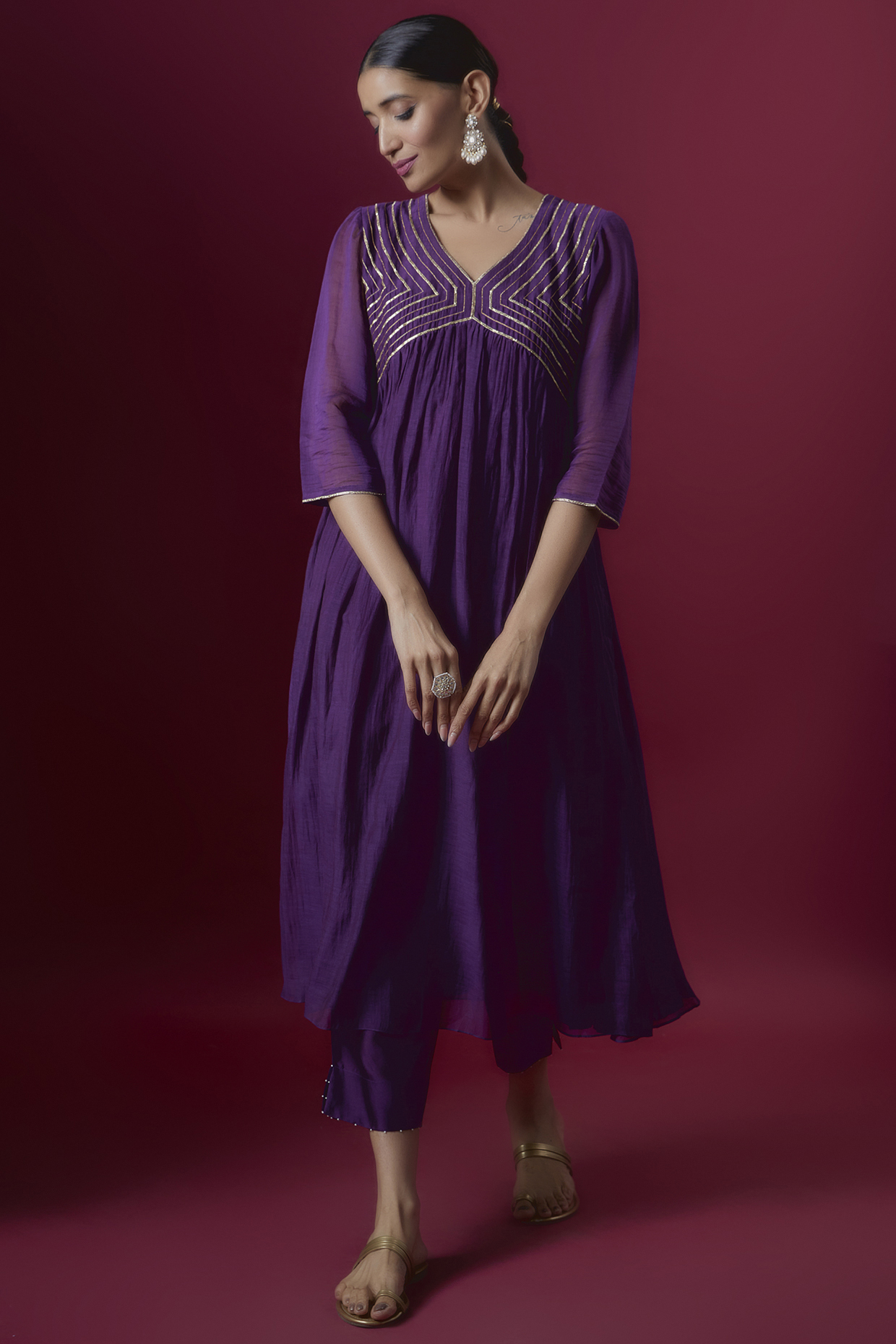 Purple Chanderi Embroidered Gathered Kurta Set by Deep thee at Pernia's Pop Up Shop