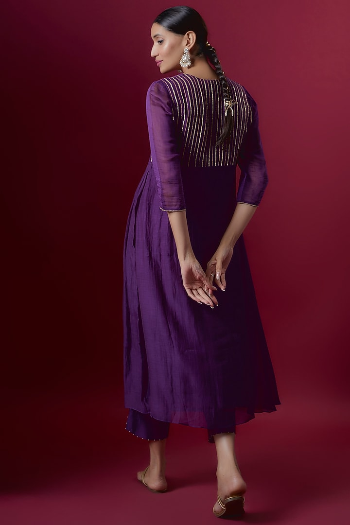 Purple Chanderi Embroidered Gathered Kurta Set by Deep thee at Pernia's Pop Up Shop