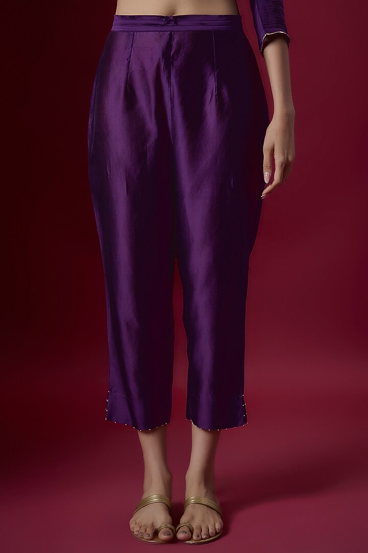 Purple Chanderi Embroidered Gathered Kurta Set by Deep thee at Pernia's Pop Up Shop