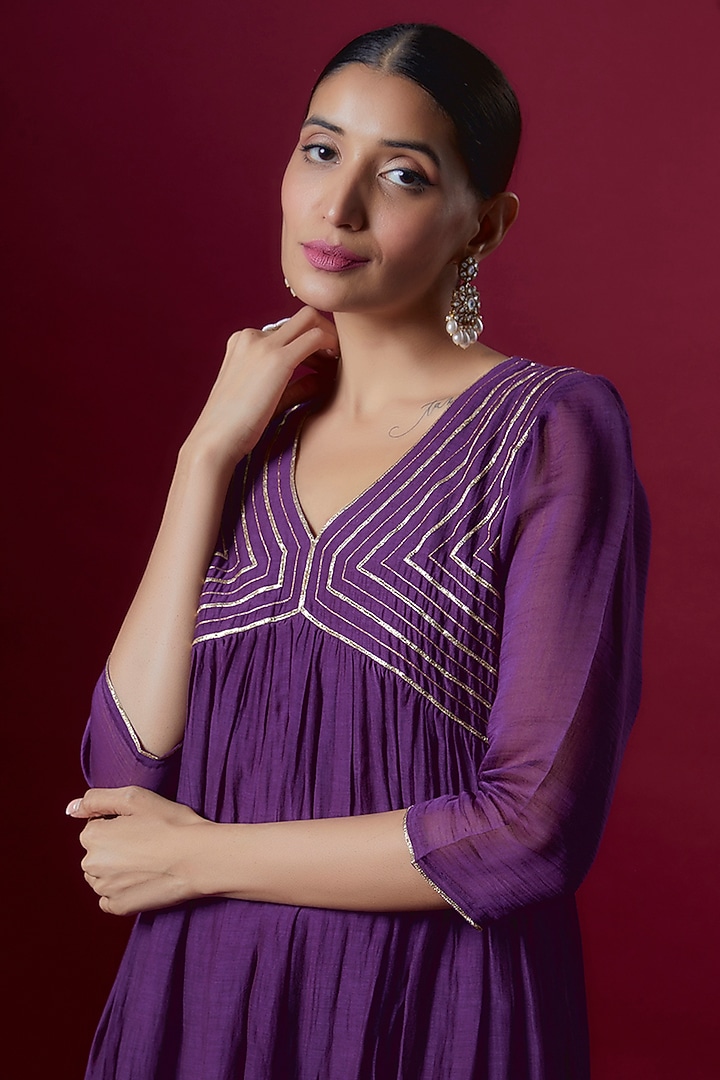 Purple Chanderi Embroidered Gathered Kurta Set by Deep thee at Pernia's Pop Up Shop