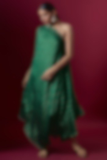 Emerald Green Silk Embroidered One-Shoulder Vacation Dress by Deep thee at Pernia's Pop Up Shop