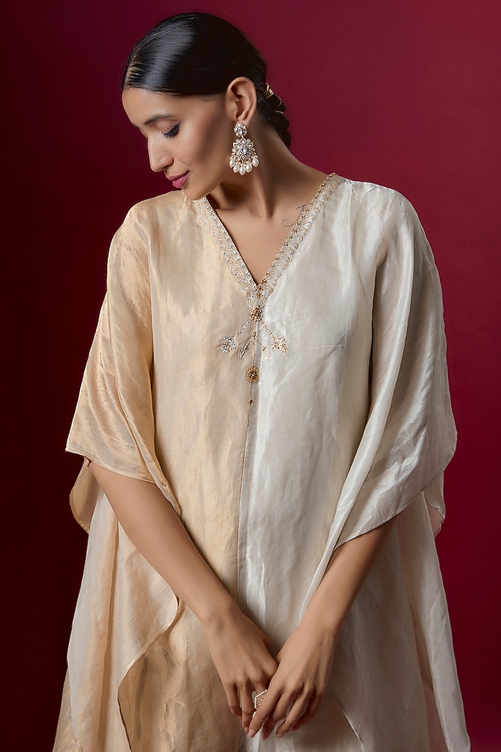 Gold & Silver Metallic Tissue Embroidered Kaftan by Deep thee at Pernia's Pop Up Shop