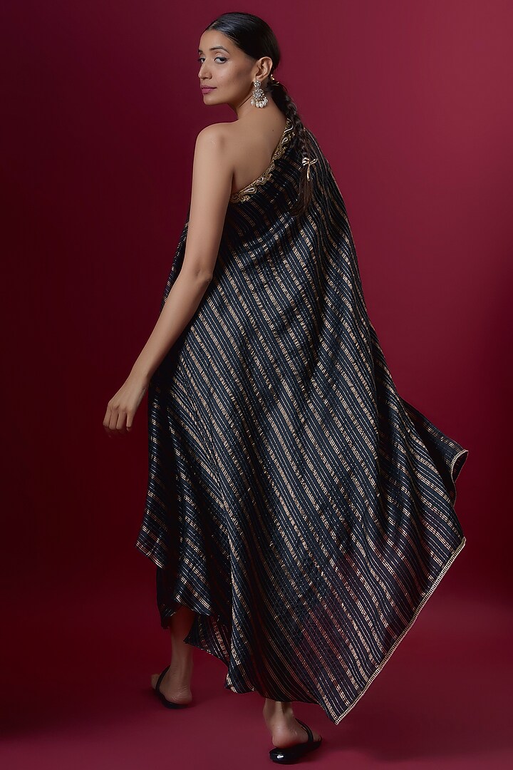 Black Silk Embroidered One-Shoulder Vacation Dress by Deep thee at Pernia's Pop Up Shop