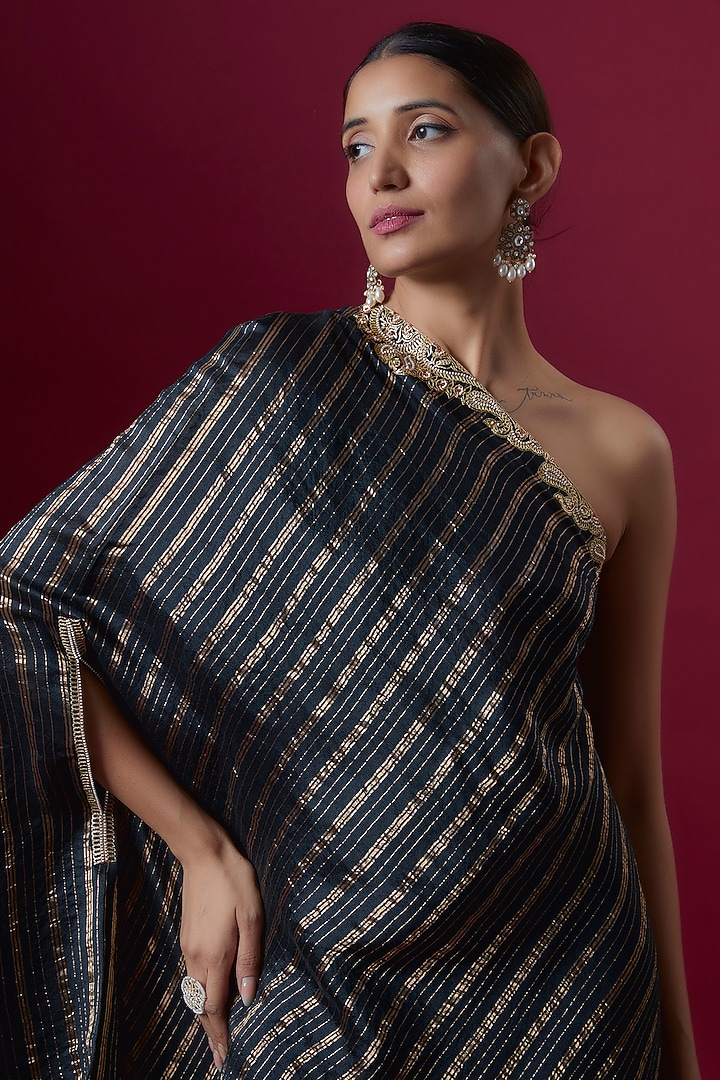 Black Silk Embroidered One-Shoulder Vacation Dress by Deep thee at Pernia's Pop Up Shop