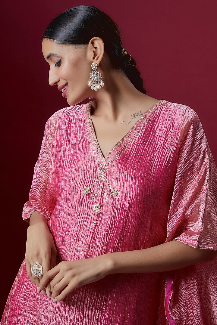 Fuchsia Pink Metallic Tissue Embroidered Kaftan by Deep thee at Pernia's Pop Up Shop