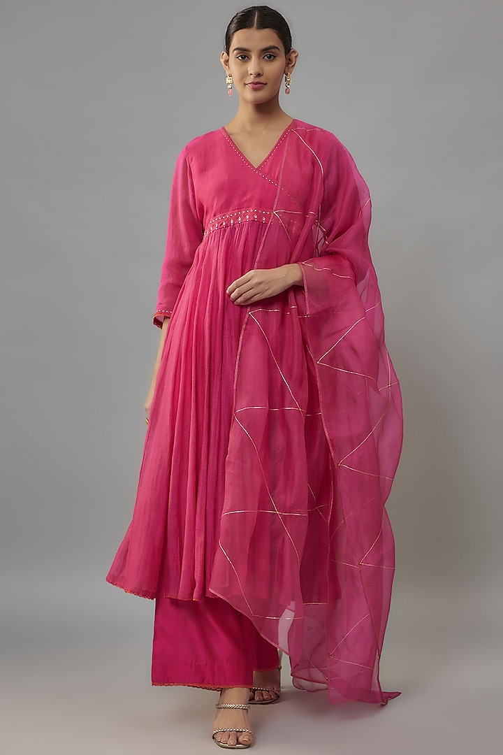 Pink Chanderi & Organza Resham Hand Embroidered Anarkali Set by Deep Thee