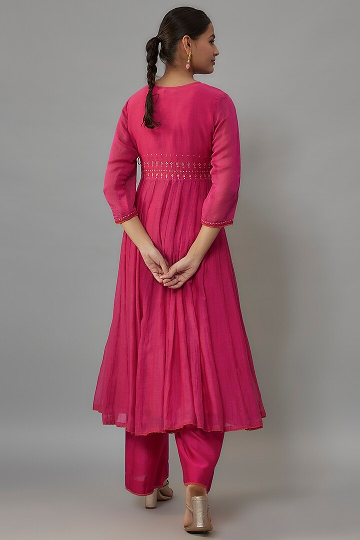 Pink Chanderi & Organza Resham Hand Embroidered Wedding Anarkali Set by Deep Thee at Pernia's Pop Up Shop