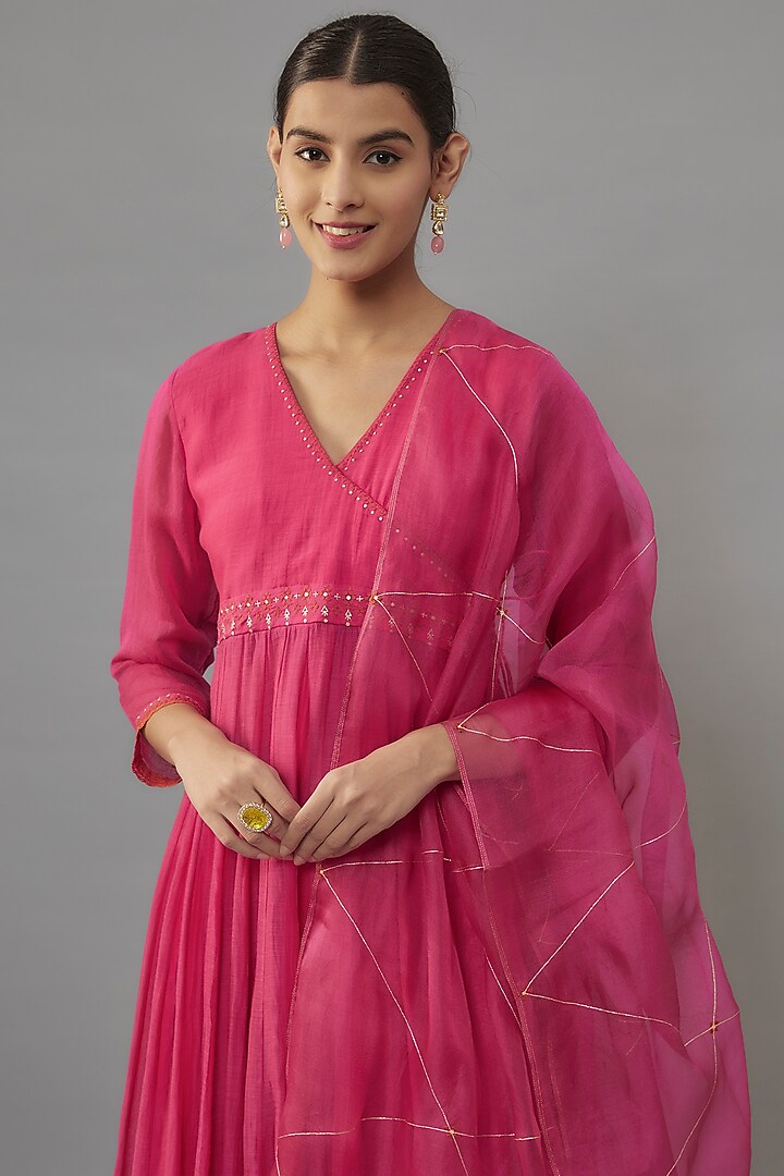 Pink Chanderi & Organza Resham Hand Embroidered Wedding Anarkali Set by Deep Thee at Pernia's Pop Up Shop
