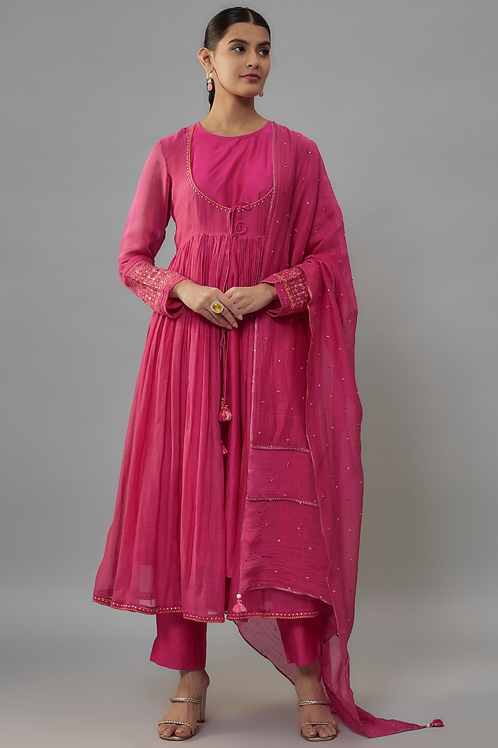 Pink Chanderi Zari & Resham Hand Embroidered Angrakha Anarkali Set by Deep Thee at Pernia's Pop Up Shop