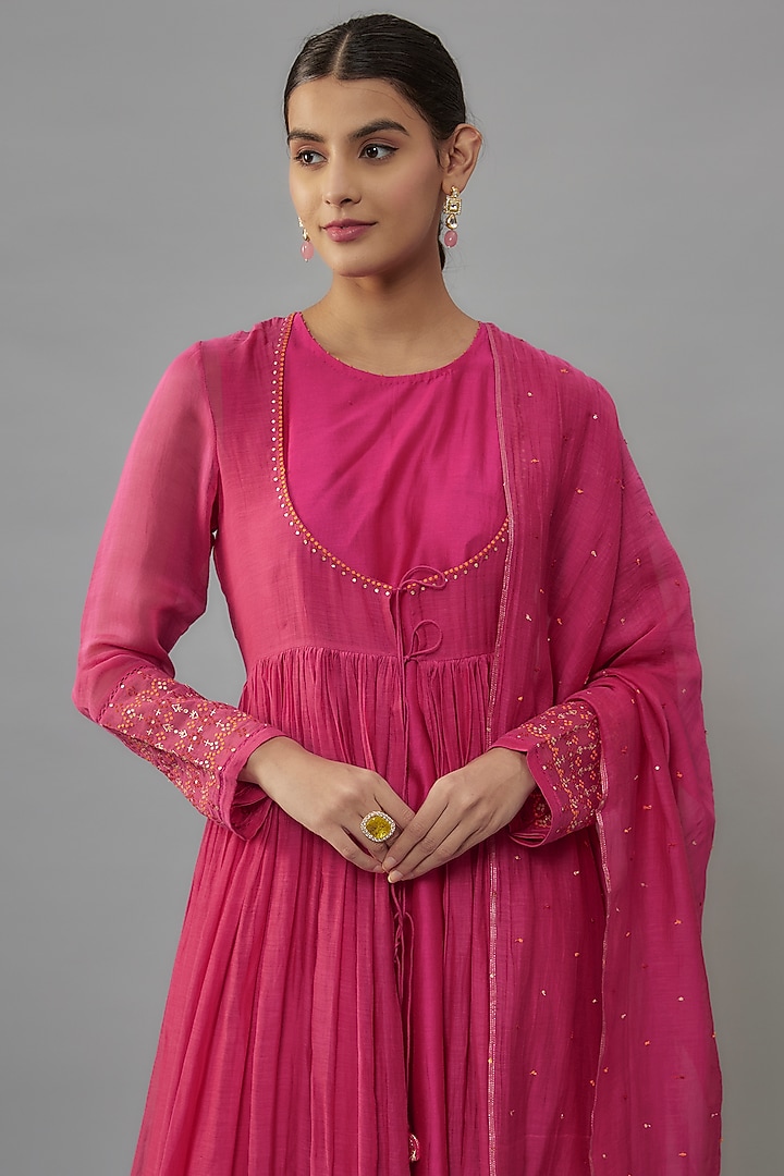 Pink Chanderi Zari & Resham Hand Embroidered Angrakha Wedding Anarkali Set by Deep Thee at Pernia's Pop Up Shop
