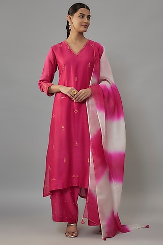 Pink Chanderi & Organza Resham Embroidered A-Line Kurta Set by Deep Thee