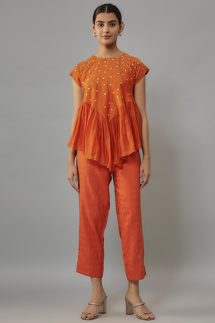 Rust Orange Chanderi Aari & Resham Hand Embroidered Gathered Co-Ord Set by Deep Thee at Pernia's Pop Up Shop