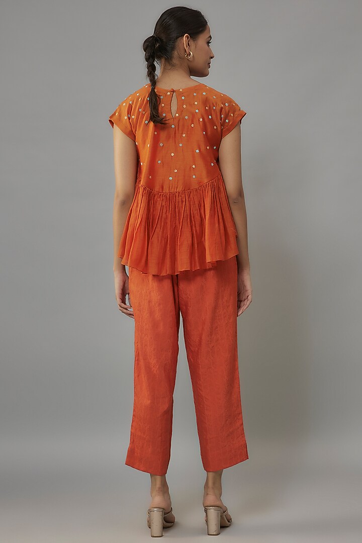 Rust Orange Chanderi Aari & Resham Hand Embroidered Gathered Co-Ord Set by Deep Thee at Pernia's Pop Up Shop