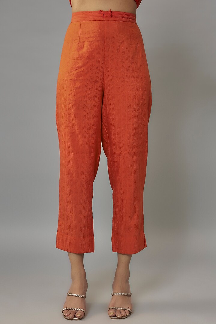 Rust Orange Chanderi Aari & Resham Hand Embroidered Gathered Co-Ord Set by Deep Thee at Pernia's Pop Up Shop