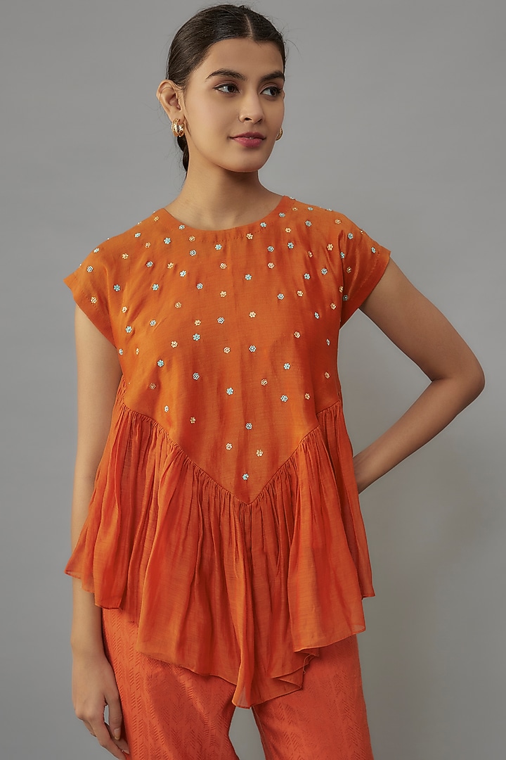 Rust Orange Chanderi Aari & Resham Hand Embroidered Gathered Co-Ord Set by Deep Thee at Pernia's Pop Up Shop