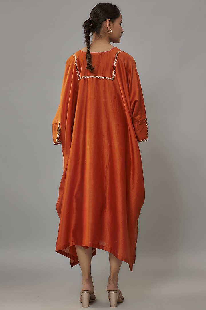Rust Orange Chanderi Zari & Resham Hand Embroidered Kaftan by Deep Thee at Pernia's Pop Up Shop