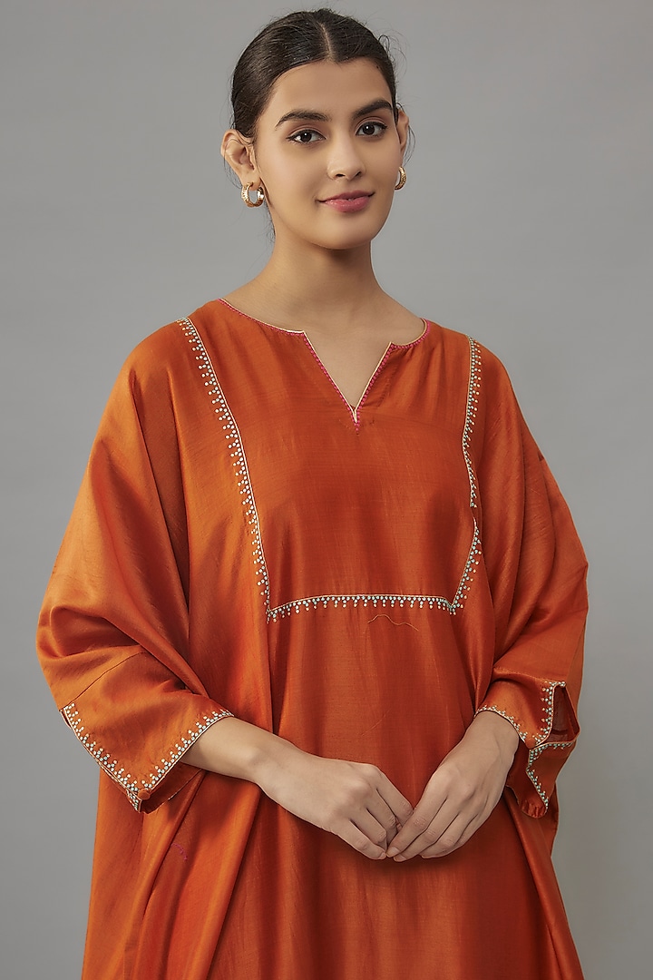 Rust Orange Chanderi Zari & Resham Hand Embroidered Kaftan by Deep Thee at Pernia's Pop Up Shop
