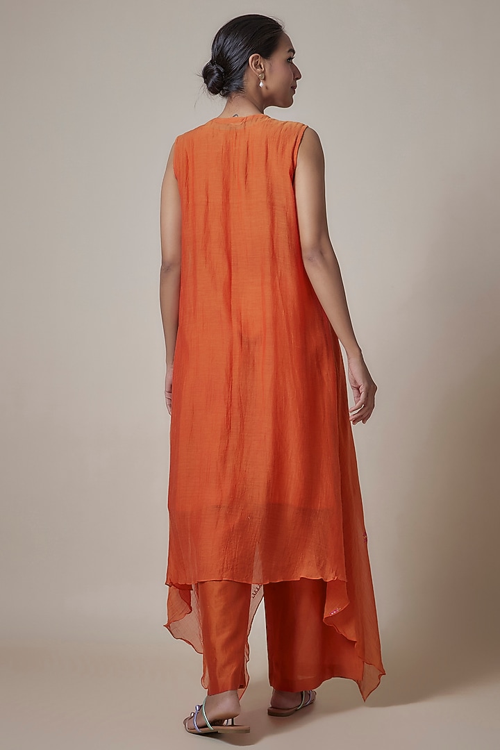 Rust Orange Chanderi Resham Embroidered Asymmetric Kurta Set by Deep thee at Pernia's Pop Up Shop