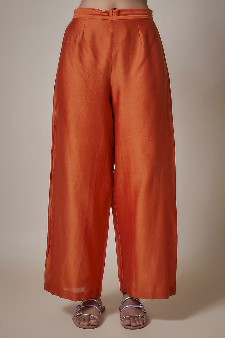 Rust Orange Chanderi Resham Embroidered Asymmetric Kurta Set by Deep thee at Pernia's Pop Up Shop