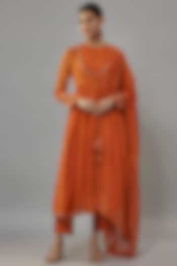 Rust Orange Chanderi Zari & Resham Hand Embroidered Angrakha Anarkali Set by Deep Thee at Pernia's Pop Up Shop