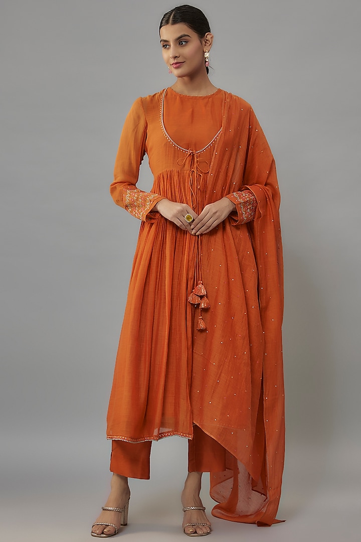 Rust Orange Chanderi Zari & Resham Hand Embroidered Angrakha Anarkali Set by Deep Thee at Pernia's Pop Up Shop