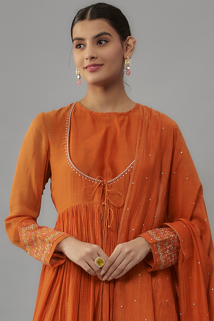 Rust Orange Chanderi Zari & Resham Hand Embroidered Angrakha Wedding Anarkali Set by Deep Thee at Pernia's Pop Up Shop