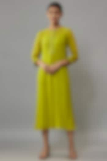 Lime Green Chanderi Resham Hand Embroidered A-Line Dress by Deep Thee at Pernia's Pop Up Shop