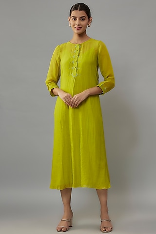 Lime Green Chanderi Resham Hand Embroidered A-Line Dress by Deep Thee