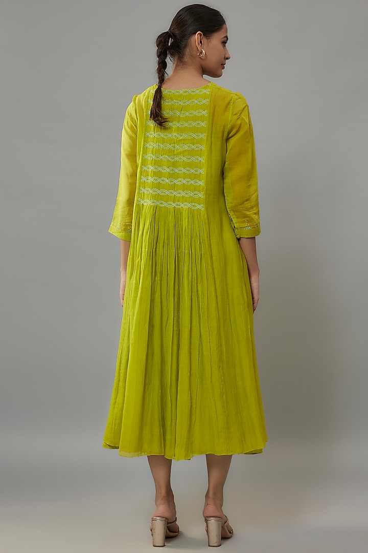 Lime Green Chanderi Resham Hand Embroidered A-Line Vacation Dress by Deep Thee at Pernia's Pop Up Shop