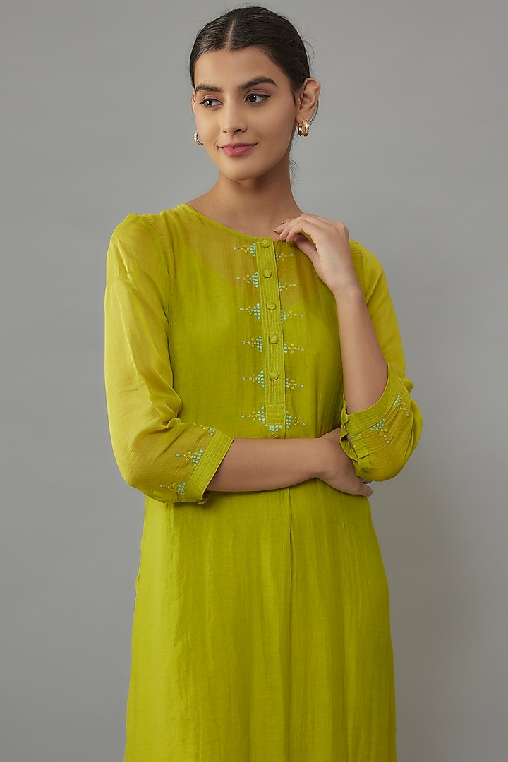 Lime Green Chanderi Resham Hand Embroidered A-Line Vacation Dress by Deep Thee at Pernia's Pop Up Shop