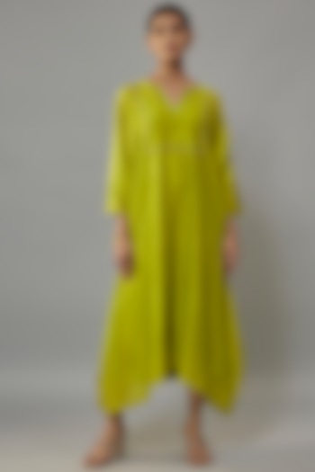 Lime Green Chanderi Zari & Resham Hand Embroidered Kaftan by Deep Thee at Pernia's Pop Up Shop