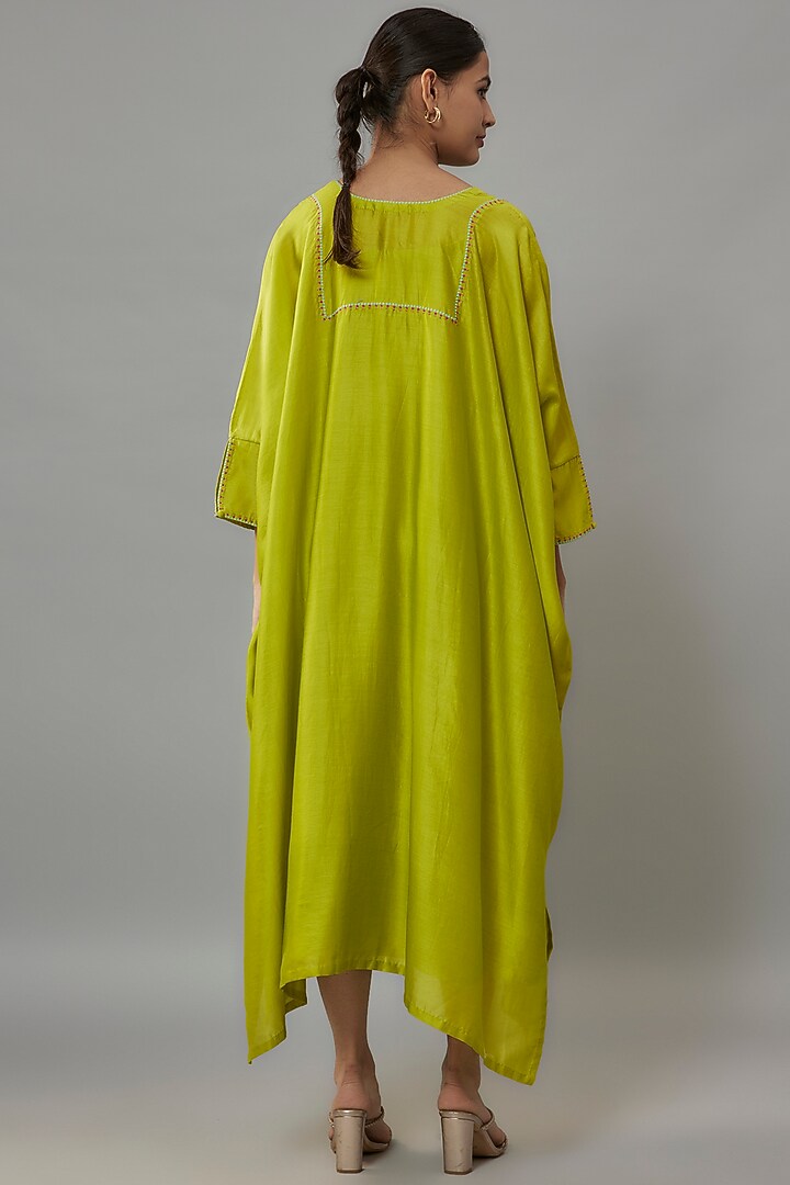 Lime Green Chanderi Zari & Resham Hand Embroidered Kaftan by Deep Thee at Pernia's Pop Up Shop
