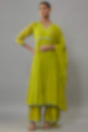 Lime Green Chanderi Resham Hand Embroidered Anarkali Set by Deep Thee at Pernia's Pop Up Shop