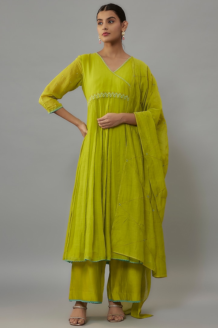 Lime Green Chanderi Resham Hand Embroidered Anarkali Set by Deep Thee at Pernia's Pop Up Shop