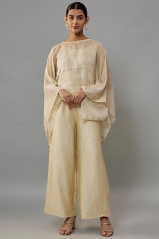 Ivory Chanderi Aari & Resham Hand Embroidered Cape Set by Deep Thee