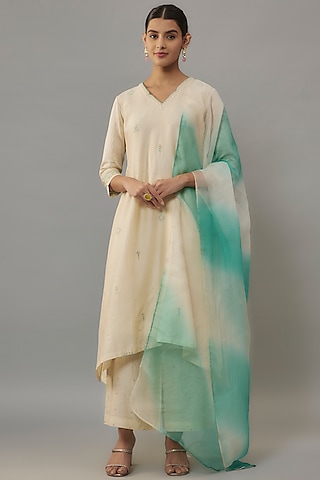 Ivory Chanderi & Organza Resham Embroidered A-Line Kurta Set by Deep Thee