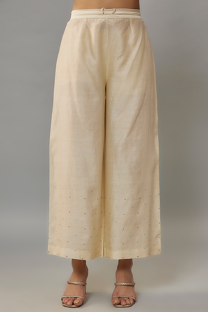 Ivory Chanderi & Organza Resham Embroidered A-Line Kurta Set by Deep Thee at Pernia's Pop Up Shop