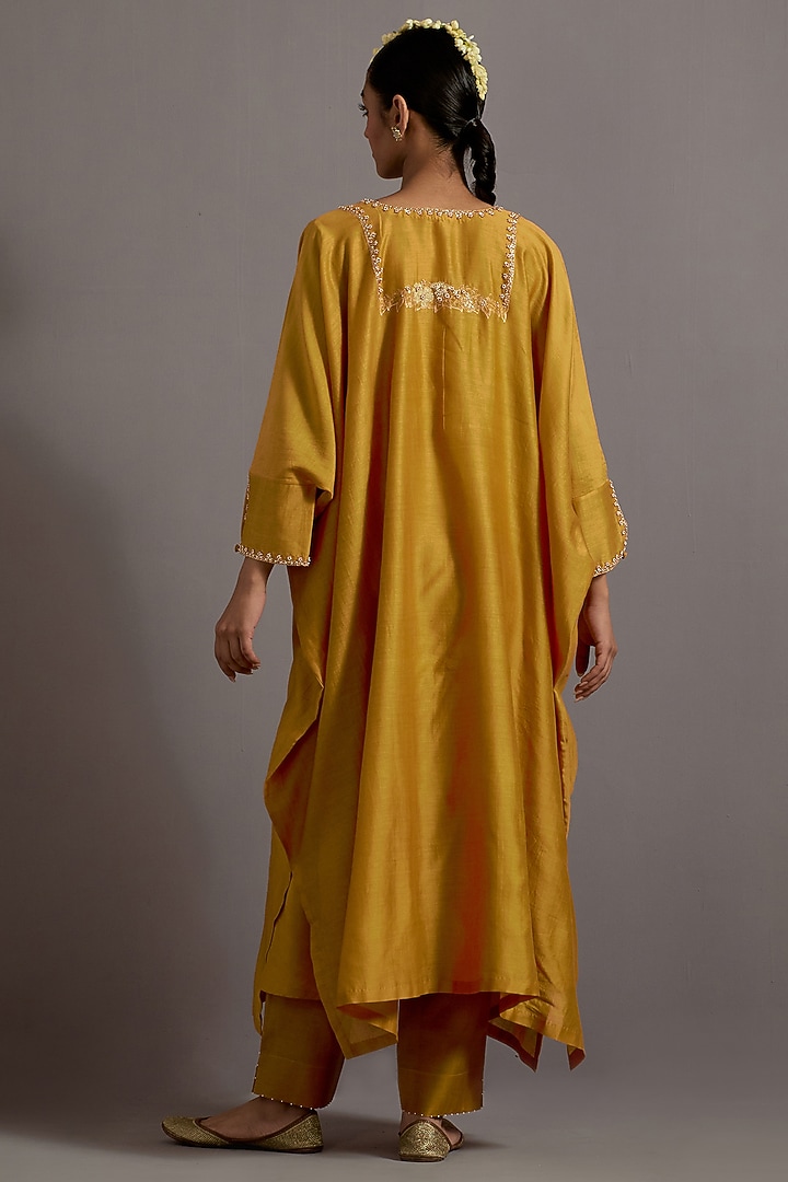 Mustard Yellow Chanderi Zardosi Hand Embroidered Kaftan Set by Deep thee at Pernia's Pop Up Shop