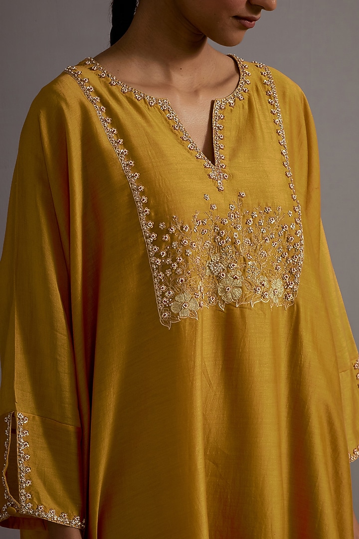 Mustard Yellow Chanderi Zardosi Hand Embroidered Kaftan Set by Deep thee at Pernia's Pop Up Shop