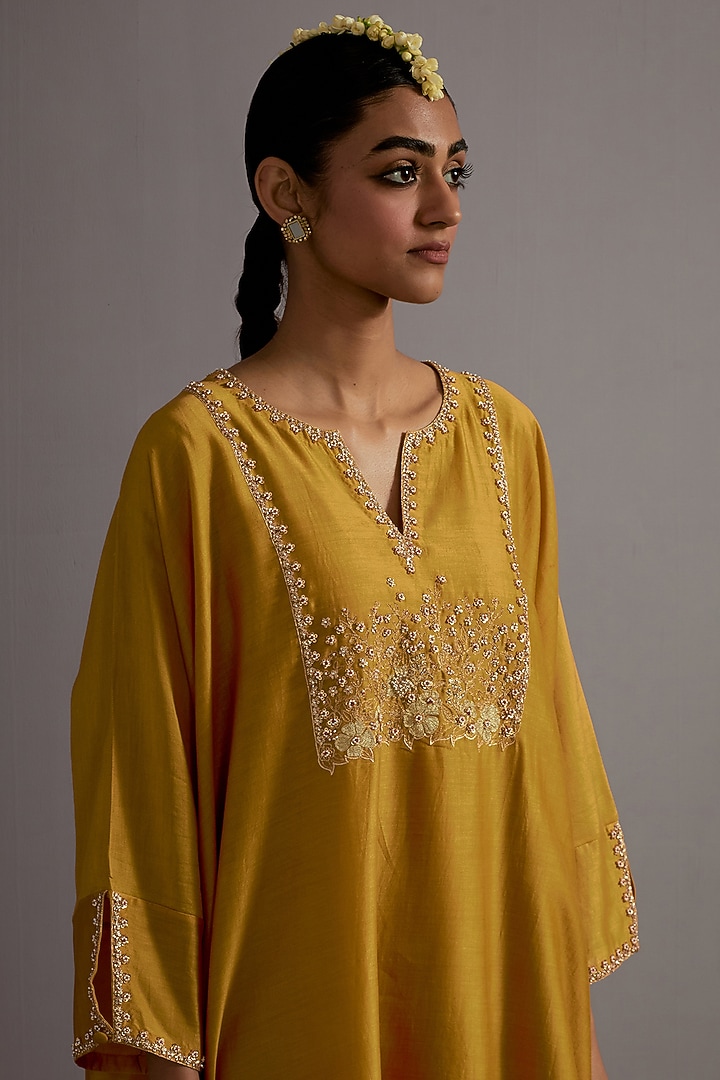 Mustard Yellow Chanderi Zardosi Hand Embroidered Kaftan Set by Deep thee at Pernia's Pop Up Shop