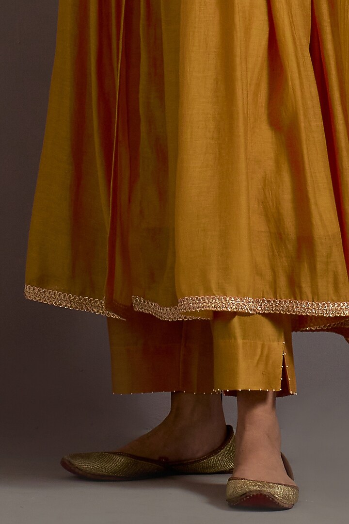 Mustard Yellow Chanderi Hand Embroidered Gathered Wedding Anarkali Set by Deep thee at Pernia's Pop Up Shop