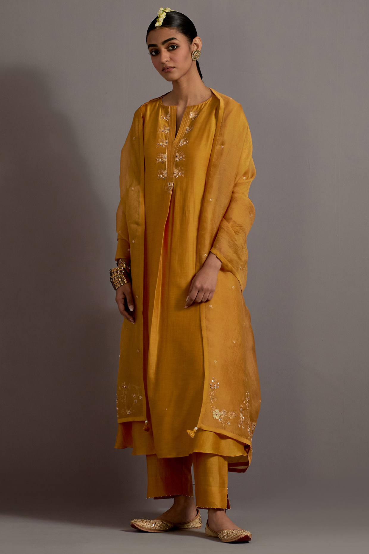 Mustard Yellow Chanderi Hand Embroidered A-Line Kurta Set by Deep thee at Pernia's Pop Up Shop