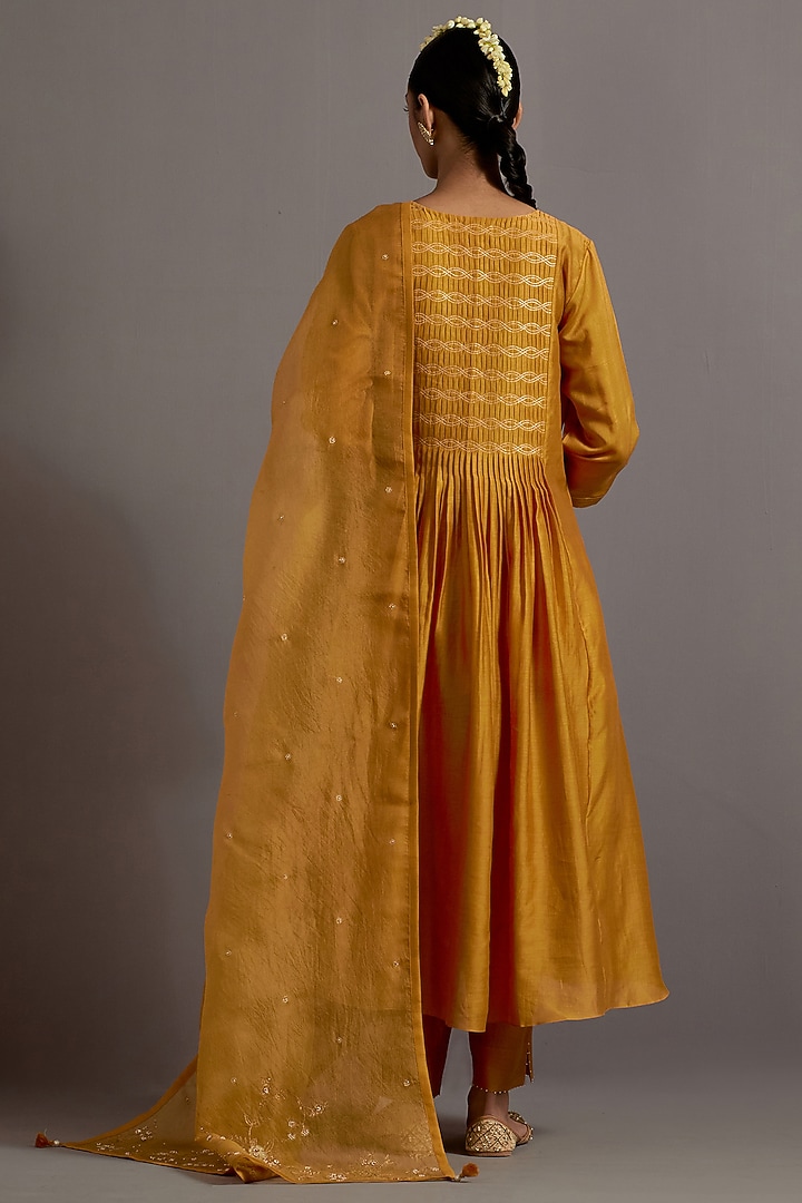 Mustard Yellow Chanderi Hand Embroidered A-Line Kurta Set by Deep thee at Pernia's Pop Up Shop